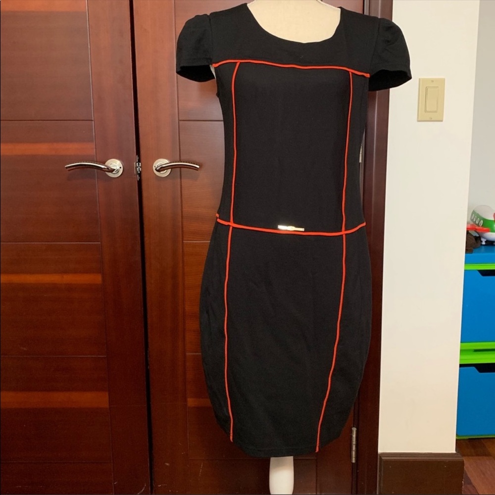 Black Midi Dress with Red Piping
